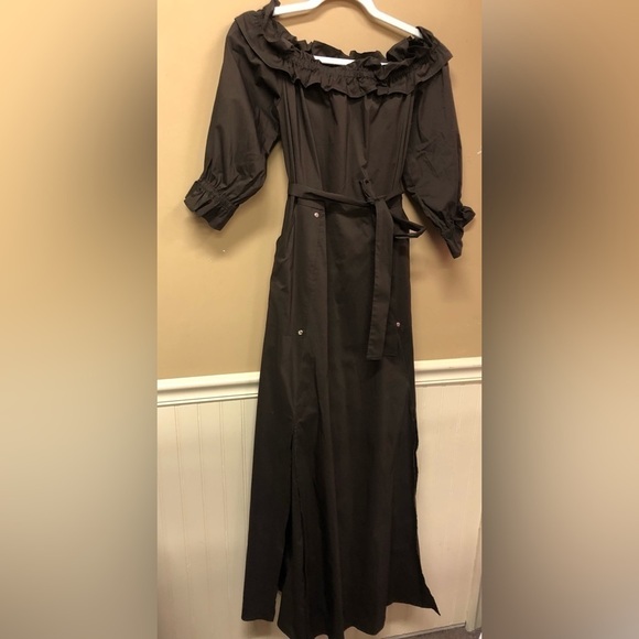 New York & Co Long Brown Dress Off Shoulder Front Slits Deep Pockets Size S NWT - Picture 1 of 6